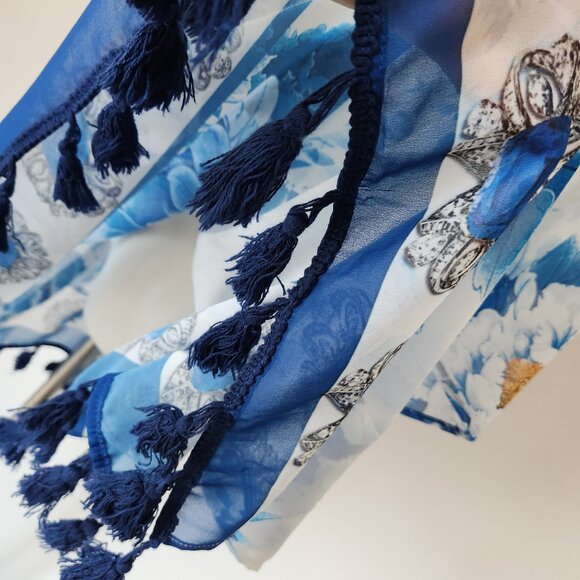 ASA Kaftans Beaded Jewel Caftan Top Tassel-Hem V-Neck Chiffon Blue White - Picture 6 of 12